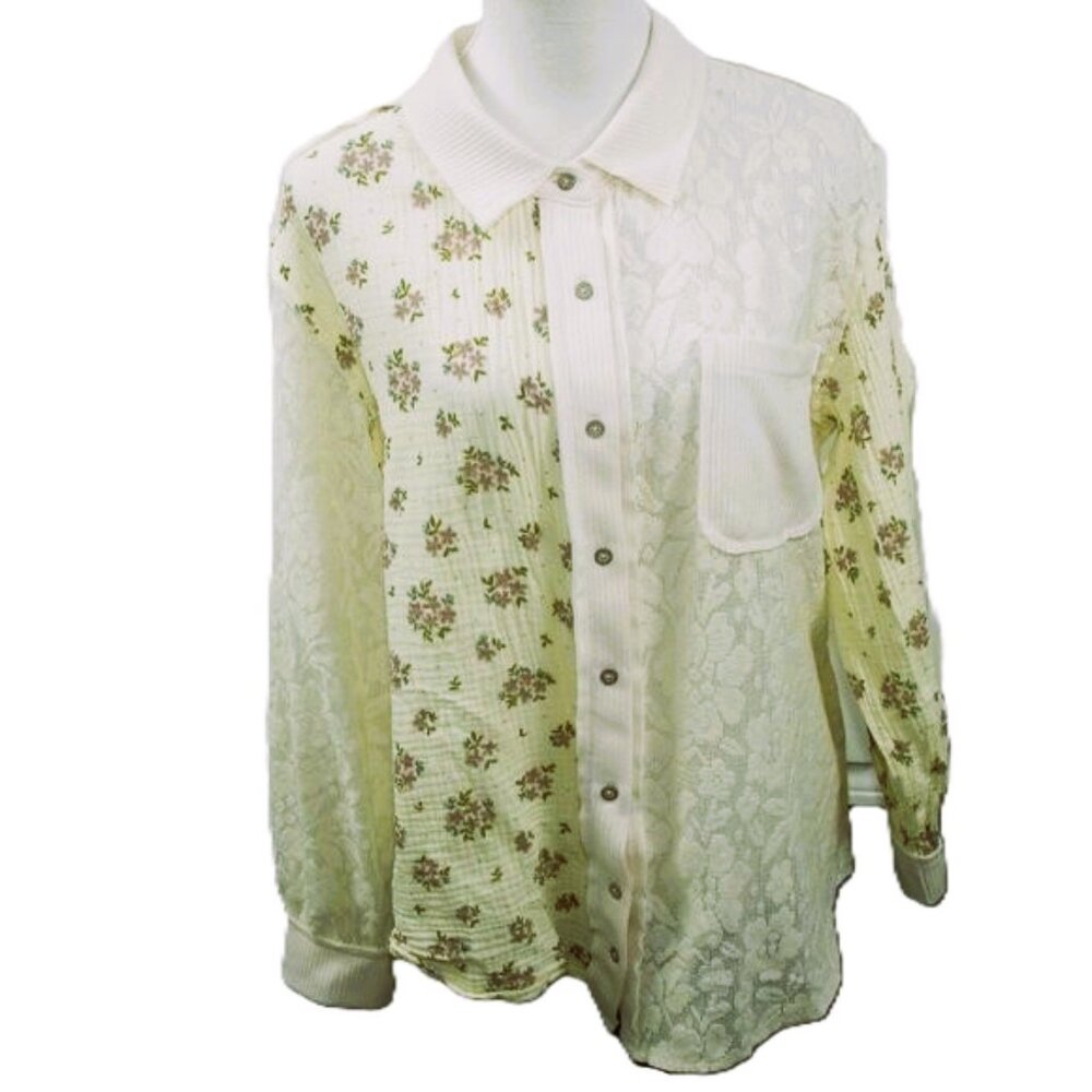 POL Cream Floral Partial Semi-Sheer Button Front Blouse Size Small